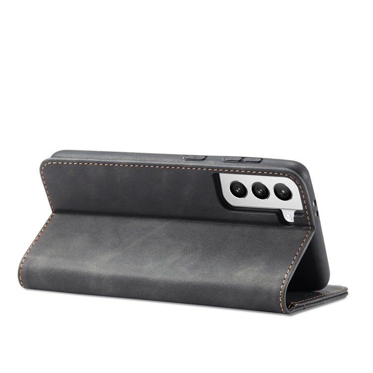 For Samsung Galaxy S21+ 5G Skin-feel Calfskin Texture Magnetic Dual-Fold Horizontal Flip Leather Case with Holder & Card Slots & Wallet