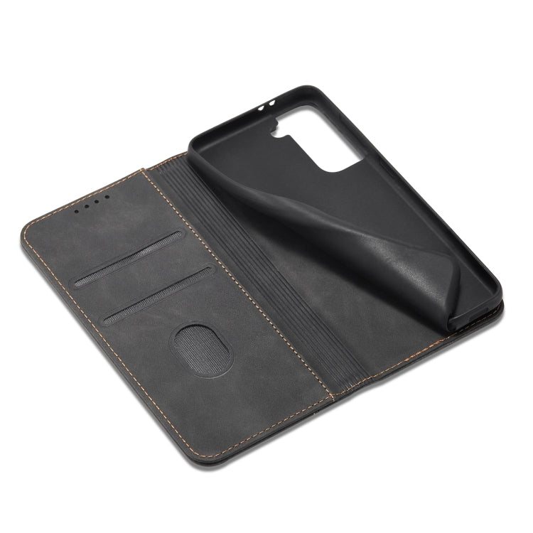 For Samsung Galaxy S21+ 5G Skin-feel Calfskin Texture Magnetic Dual-Fold Horizontal Flip Leather Case with Holder & Card Slots & Wallet