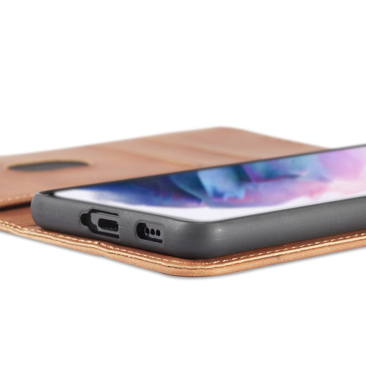 For Samsung Galaxy S21+ 5G Skin-feel Calfskin Texture Magnetic Dual-Fold Horizontal Flip Leather Case with Holder & Card Slots & Wallet