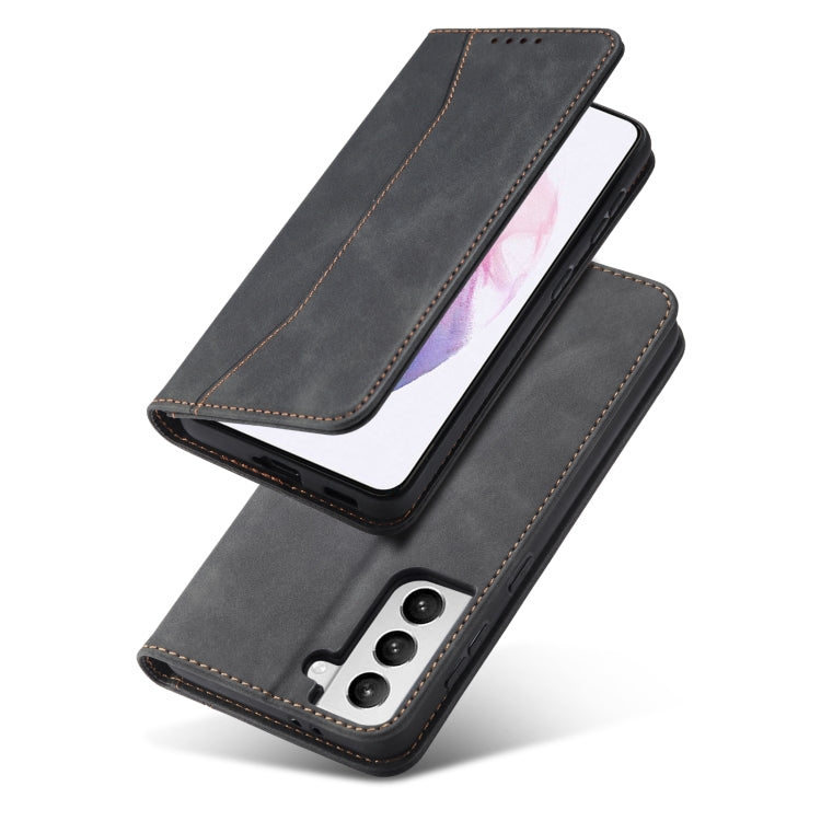 For Samsung Galaxy S21+ 5G Skin-feel Calfskin Texture Magnetic Dual-Fold Horizontal Flip Leather Case with Holder & Card Slots & Wallet