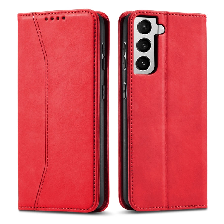 For Samsung Galaxy S21+ 5G Skin-feel Calfskin Texture Magnetic Dual-Fold Horizontal Flip Leather Case with Holder & Card Slots & Wallet