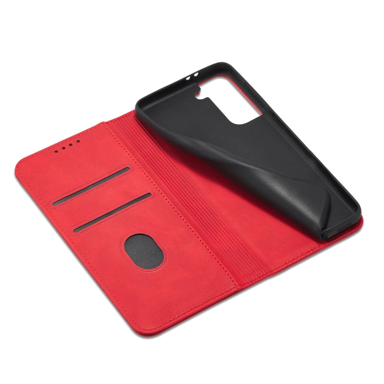 For Samsung Galaxy S21+ 5G Skin-feel Calfskin Texture Magnetic Dual-Fold Horizontal Flip Leather Case with Holder & Card Slots & Wallet