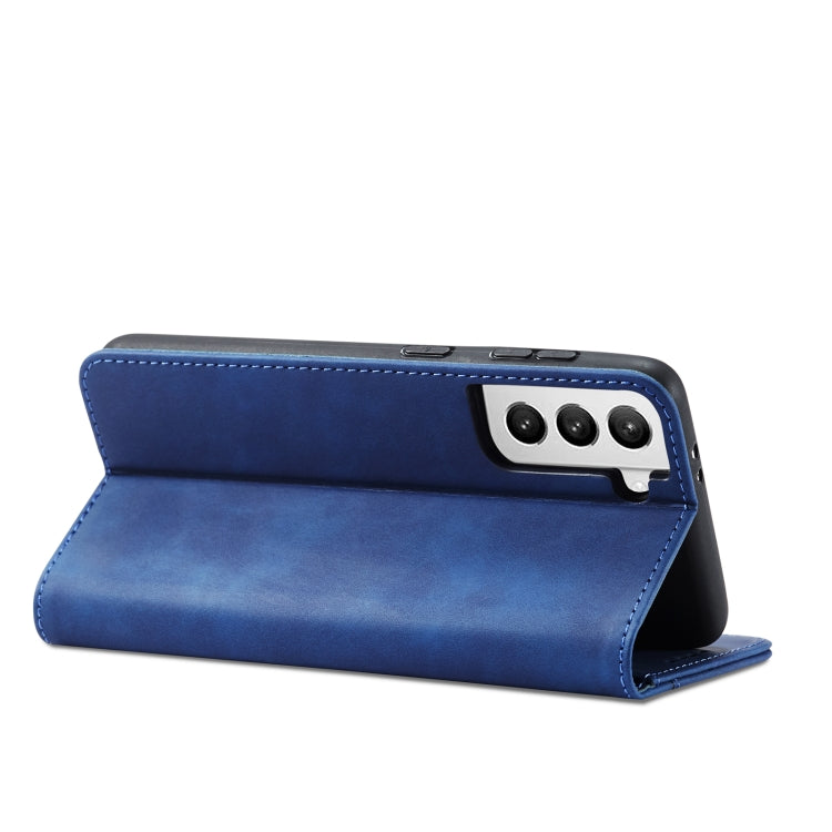 For Samsung Galaxy S21+ 5G Skin-feel Calfskin Texture Magnetic Dual-Fold Horizontal Flip Leather Case with Holder & Card Slots & Wallet