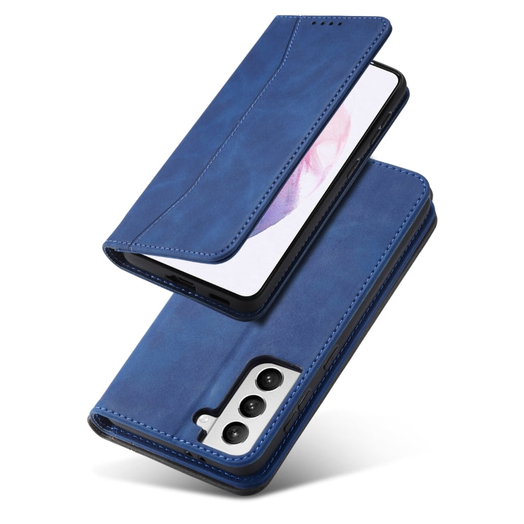 For Samsung Galaxy S21+ 5G Skin-feel Calfskin Texture Magnetic Dual-Fold Horizontal Flip Leather Case with Holder & Card Slots & Wallet