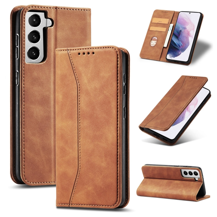 For Samsung Galaxy S21+ 5G Skin-feel Calfskin Texture Magnetic Dual-Fold Horizontal Flip Leather Case with Holder & Card Slots & Wallet