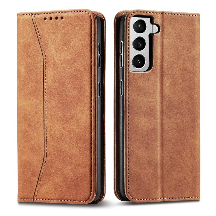 For Samsung Galaxy S21+ 5G Skin-feel Calfskin Texture Magnetic Dual-Fold Horizontal Flip Leather Case with Holder & Card Slots & Wallet
