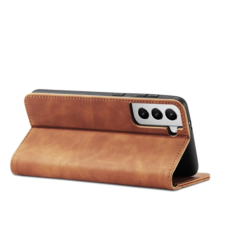 For Samsung Galaxy S21+ 5G Skin-feel Calfskin Texture Magnetic Dual-Fold Horizontal Flip Leather Case with Holder & Card Slots & Wallet