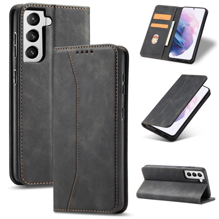 For Samsung Galaxy S21 5G Skin-feel Calfskin Texture Magnetic Dual-Fold Horizontal Flip Leather Case with Holder & Card Slots & Wallet