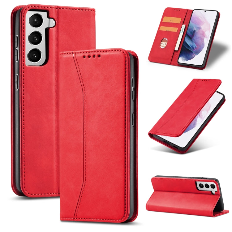 For Samsung Galaxy S21 5G Skin-feel Calfskin Texture Magnetic Dual-Fold Horizontal Flip Leather Case with Holder & Card Slots & Wallet
