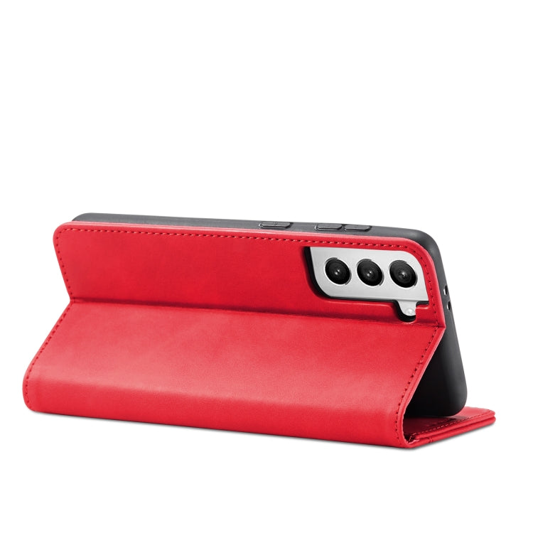 For Samsung Galaxy S21 5G Skin-feel Calfskin Texture Magnetic Dual-Fold Horizontal Flip Leather Case with Holder & Card Slots & Wallet