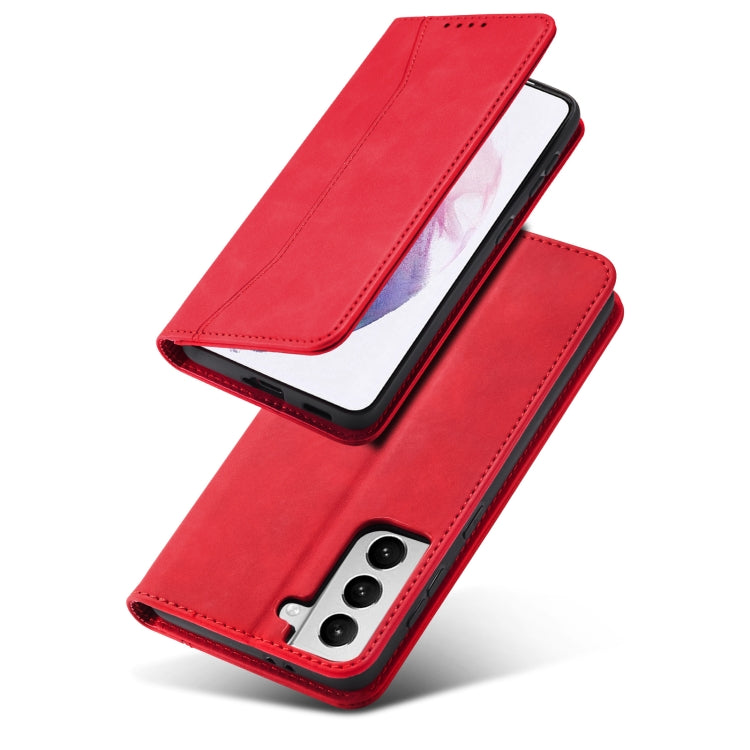 For Samsung Galaxy S21 5G Skin-feel Calfskin Texture Magnetic Dual-Fold Horizontal Flip Leather Case with Holder & Card Slots & Wallet
