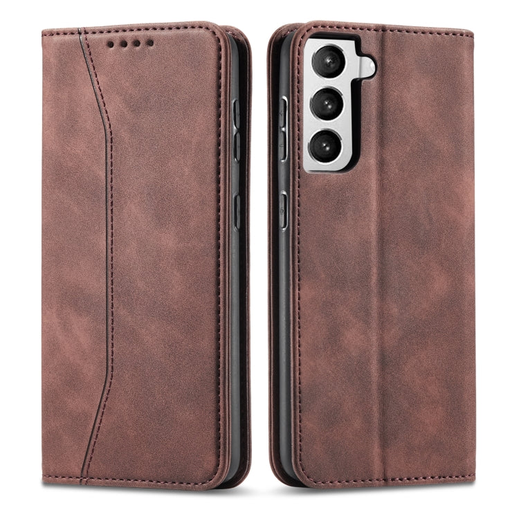 For Samsung Galaxy S21 5G Skin-feel Calfskin Texture Magnetic Dual-Fold Horizontal Flip Leather Case with Holder & Card Slots & Wallet