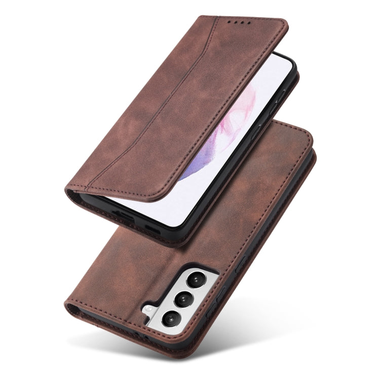 For Samsung Galaxy S21 5G Skin-feel Calfskin Texture Magnetic Dual-Fold Horizontal Flip Leather Case with Holder & Card Slots & Wallet