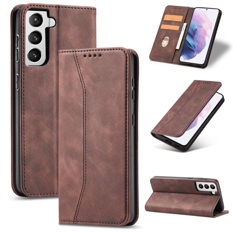 For Samsung Galaxy S21 Ultra 5G Skin-feel Calfskin Texture Magnetic Dual-Fold Horizontal Flip Leather Case with Holder & Card Slots & Wallet