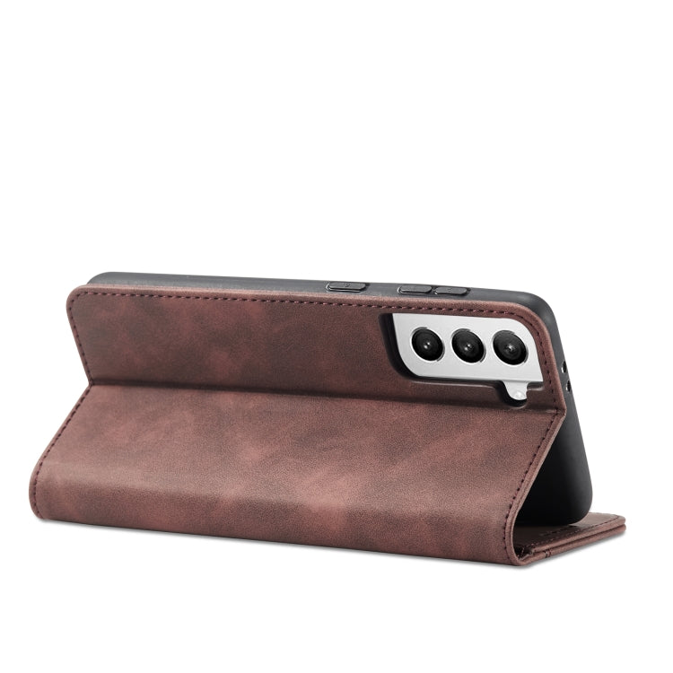 For Samsung Galaxy S21 Ultra 5G Skin-feel Calfskin Texture Magnetic Dual-Fold Horizontal Flip Leather Case with Holder & Card Slots & Wallet