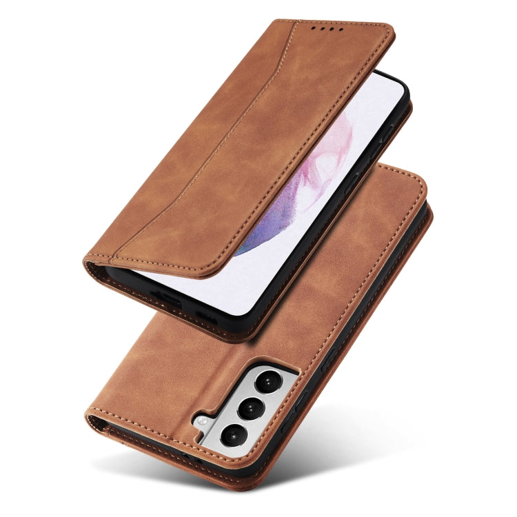 For Samsung Galaxy S21 Ultra 5G Skin-feel Calfskin Texture Magnetic Dual-Fold Horizontal Flip Leather Case with Holder & Card Slots & Wallet