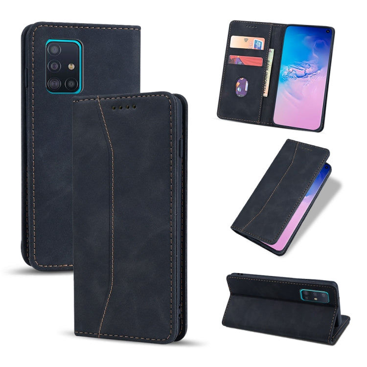 For Samsung Galaxy A51 4G Skin-feel Calfskin Texture Magnetic Dual-Fold Horizontal Flip Leather Case with Holder & Card Slots & Wallet