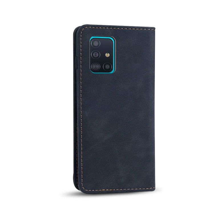 For Samsung Galaxy A51 4G Skin-feel Calfskin Texture Magnetic Dual-Fold Horizontal Flip Leather Case with Holder & Card Slots & Wallet