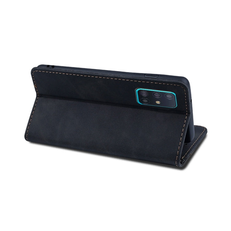 For Samsung Galaxy A51 4G Skin-feel Calfskin Texture Magnetic Dual-Fold Horizontal Flip Leather Case with Holder & Card Slots & Wallet