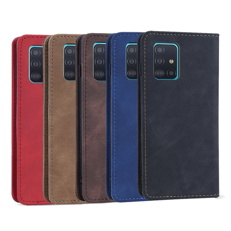 For Samsung Galaxy A51 4G Skin-feel Calfskin Texture Magnetic Dual-Fold Horizontal Flip Leather Case with Holder & Card Slots & Wallet