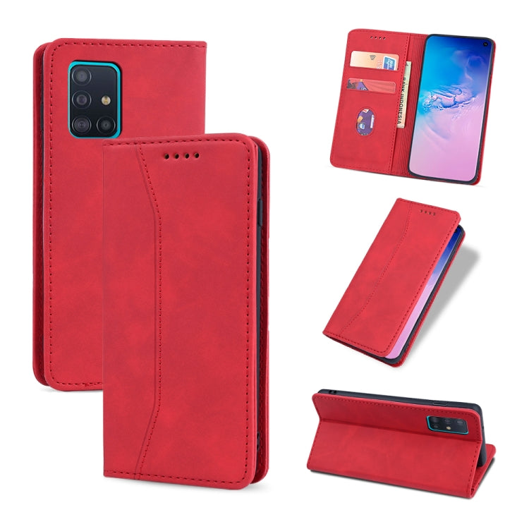 For Samsung Galaxy A51 4G Skin-feel Calfskin Texture Magnetic Dual-Fold Horizontal Flip Leather Case with Holder & Card Slots & Wallet