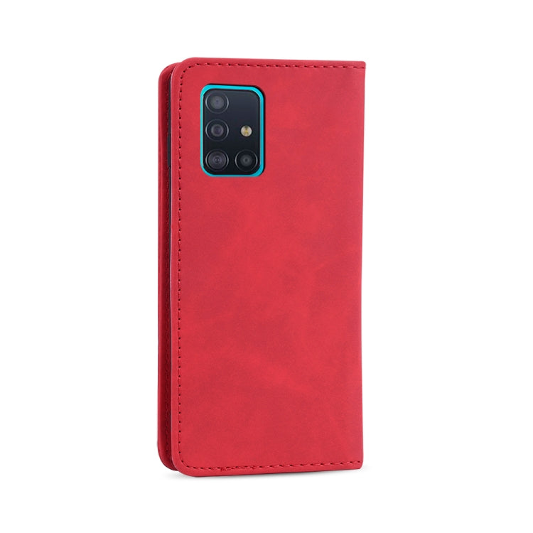 For Samsung Galaxy A51 4G Skin-feel Calfskin Texture Magnetic Dual-Fold Horizontal Flip Leather Case with Holder & Card Slots & Wallet