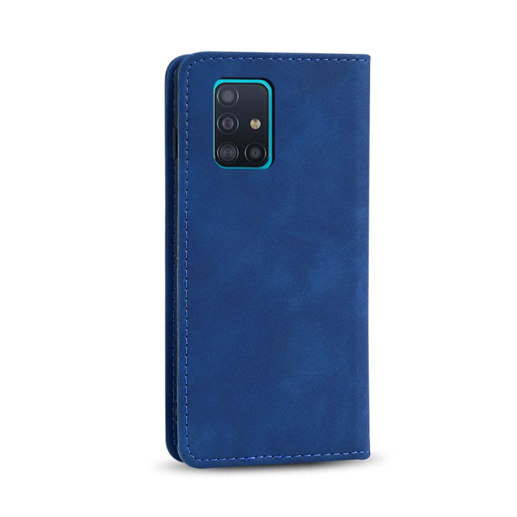 For Samsung Galaxy A51 4G Skin-feel Calfskin Texture Magnetic Dual-Fold Horizontal Flip Leather Case with Holder & Card Slots & Wallet