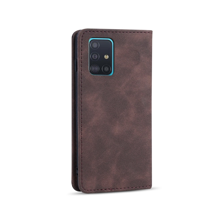 For Samsung Galaxy A51 4G Skin-feel Calfskin Texture Magnetic Dual-Fold Horizontal Flip Leather Case with Holder & Card Slots & Wallet