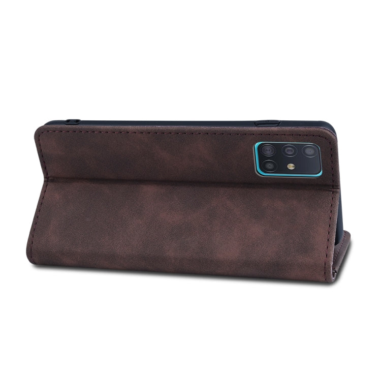 For Samsung Galaxy A51 4G Skin-feel Calfskin Texture Magnetic Dual-Fold Horizontal Flip Leather Case with Holder & Card Slots & Wallet