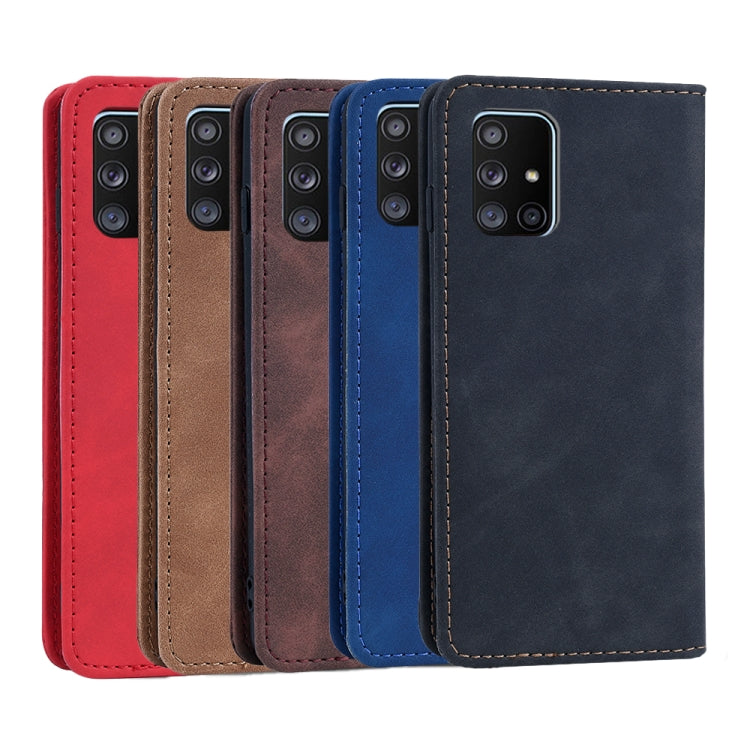 For Samsung Galaxy A71 4G Skin-feel Calfskin Texture Magnetic Dual-Fold Horizontal Flip Leather Case with Holder & Card Slots & Wallet