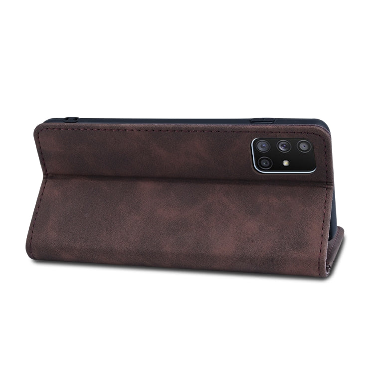 For Samsung Galaxy A71 4G Skin-feel Calfskin Texture Magnetic Dual-Fold Horizontal Flip Leather Case with Holder & Card Slots & Wallet