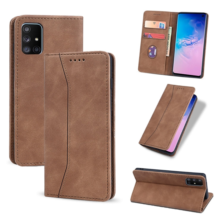 For Samsung Galaxy A71 4G Skin-feel Calfskin Texture Magnetic Dual-Fold Horizontal Flip Leather Case with Holder & Card Slots & Wallet