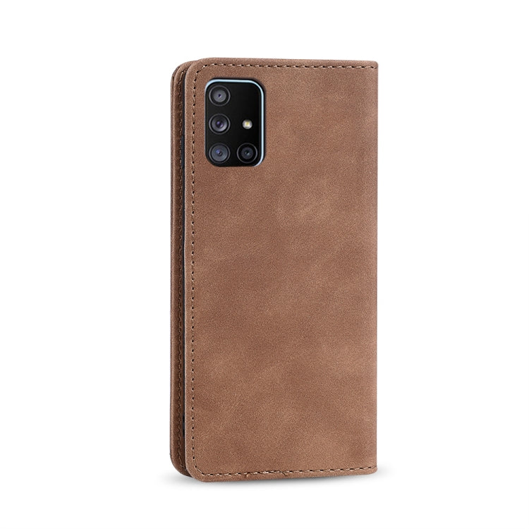 For Samsung Galaxy A71 4G Skin-feel Calfskin Texture Magnetic Dual-Fold Horizontal Flip Leather Case with Holder & Card Slots & Wallet