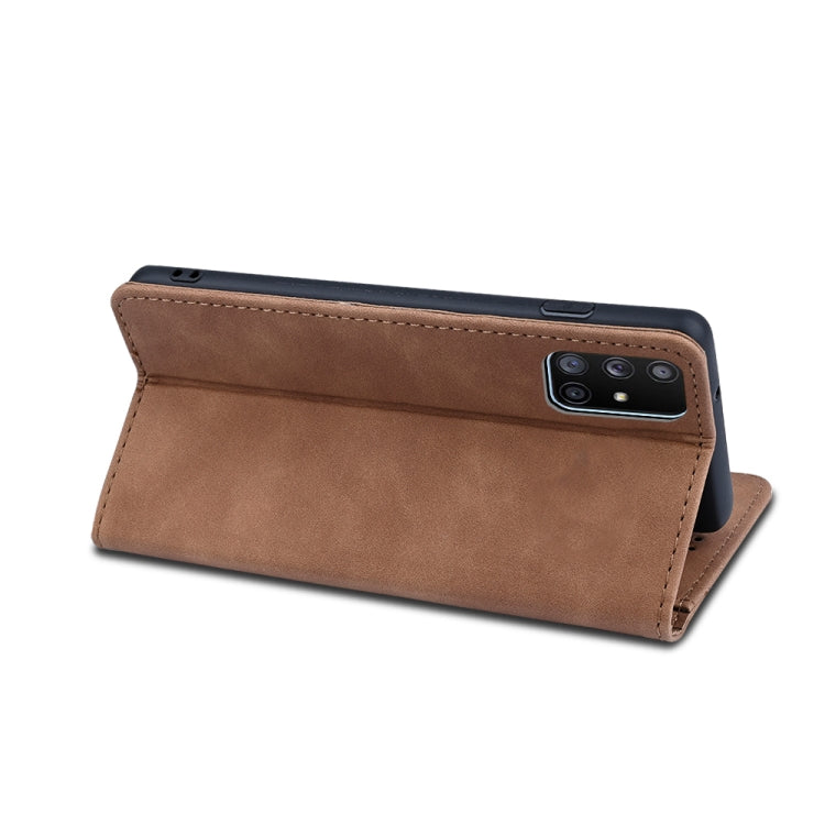 For Samsung Galaxy A71 4G Skin-feel Calfskin Texture Magnetic Dual-Fold Horizontal Flip Leather Case with Holder & Card Slots & Wallet
