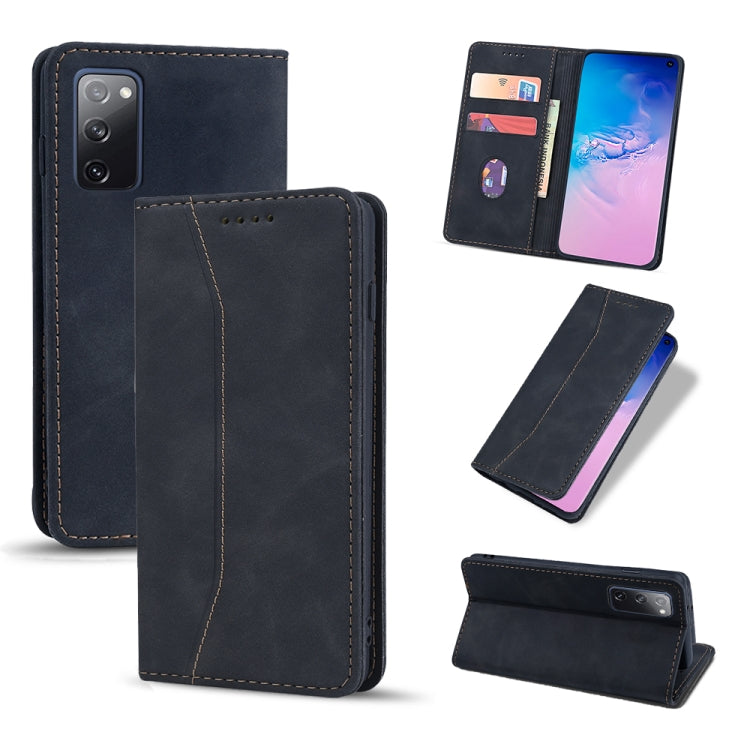 For Samsung Galaxy S20 FE Skin-feel Calfskin Texture Magnetic Dual-Fold Horizontal Flip Leather Case with Holder & Card Slots & Wallet