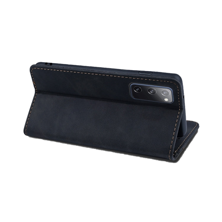 For Samsung Galaxy S20 FE Skin-feel Calfskin Texture Magnetic Dual-Fold Horizontal Flip Leather Case with Holder & Card Slots & Wallet