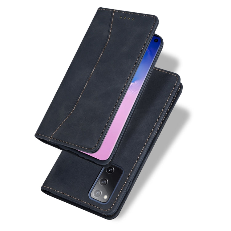 For Samsung Galaxy S20 FE Skin-feel Calfskin Texture Magnetic Dual-Fold Horizontal Flip Leather Case with Holder & Card Slots & Wallet