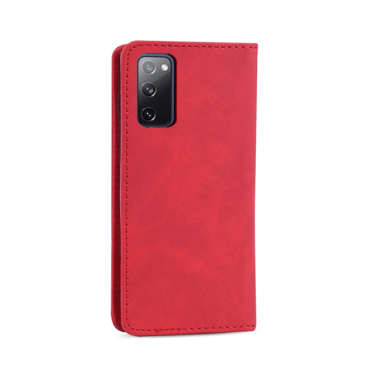 For Samsung Galaxy S20 FE Skin-feel Calfskin Texture Magnetic Dual-Fold Horizontal Flip Leather Case with Holder & Card Slots & Wallet