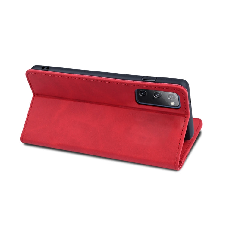 For Samsung Galaxy S20 FE Skin-feel Calfskin Texture Magnetic Dual-Fold Horizontal Flip Leather Case with Holder & Card Slots & Wallet