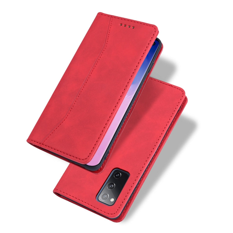 For Samsung Galaxy S20 FE Skin-feel Calfskin Texture Magnetic Dual-Fold Horizontal Flip Leather Case with Holder & Card Slots & Wallet