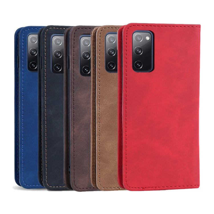 For Samsung Galaxy S20 FE Skin-feel Calfskin Texture Magnetic Dual-Fold Horizontal Flip Leather Case with Holder & Card Slots & Wallet