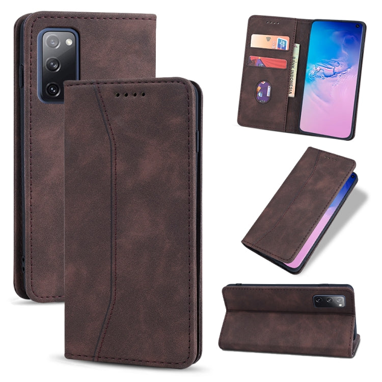 For Samsung Galaxy S20 FE Skin-feel Calfskin Texture Magnetic Dual-Fold Horizontal Flip Leather Case with Holder & Card Slots & Wallet