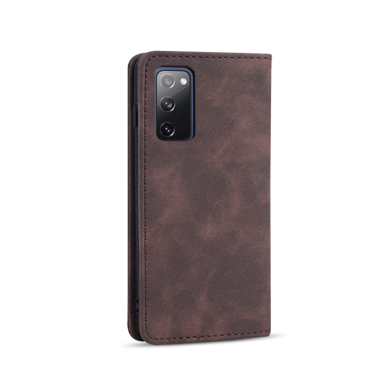 For Samsung Galaxy S20 FE Skin-feel Calfskin Texture Magnetic Dual-Fold Horizontal Flip Leather Case with Holder & Card Slots & Wallet