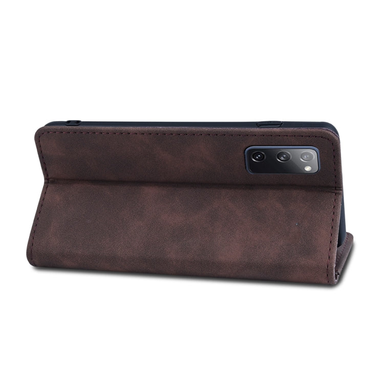 For Samsung Galaxy S20 FE Skin-feel Calfskin Texture Magnetic Dual-Fold Horizontal Flip Leather Case with Holder & Card Slots & Wallet