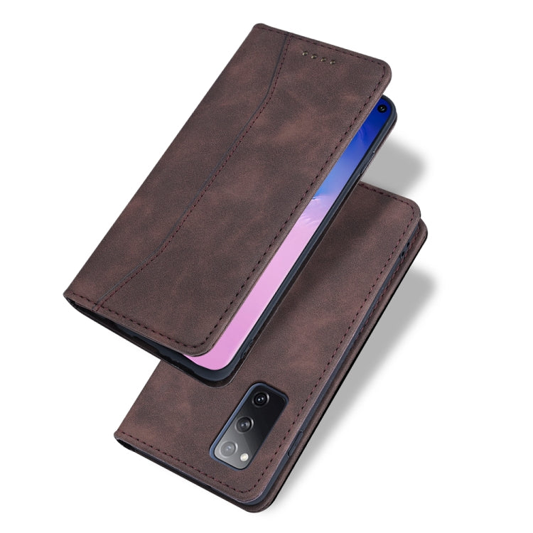For Samsung Galaxy S20 FE Skin-feel Calfskin Texture Magnetic Dual-Fold Horizontal Flip Leather Case with Holder & Card Slots & Wallet