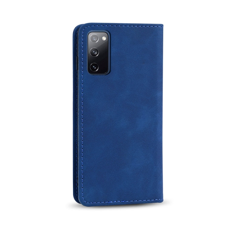 For Samsung Galaxy S20 FE Skin-feel Calfskin Texture Magnetic Dual-Fold Horizontal Flip Leather Case with Holder & Card Slots & Wallet