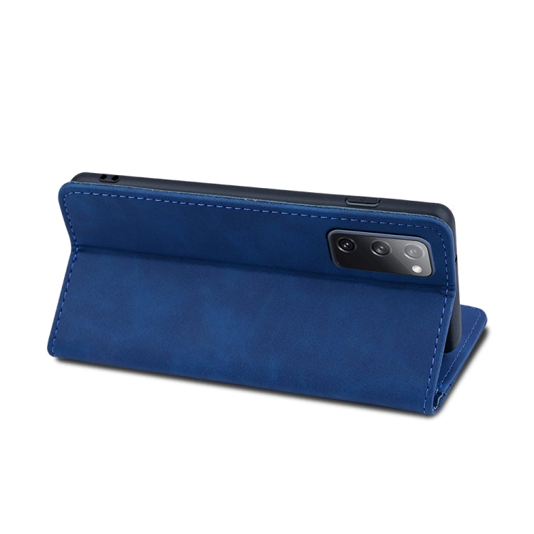 For Samsung Galaxy S20 FE Skin-feel Calfskin Texture Magnetic Dual-Fold Horizontal Flip Leather Case with Holder & Card Slots & Wallet
