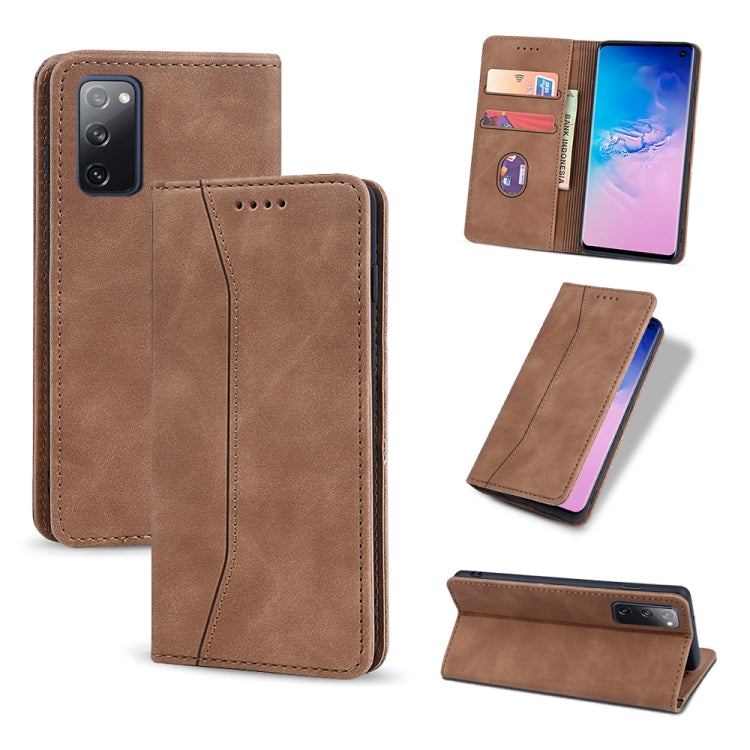 For Samsung Galaxy S20 FE Skin-feel Calfskin Texture Magnetic Dual-Fold Horizontal Flip Leather Case with Holder & Card Slots & Wallet