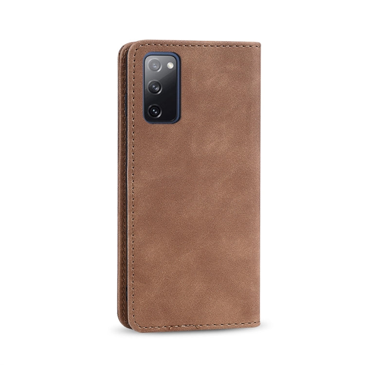 For Samsung Galaxy S20 FE Skin-feel Calfskin Texture Magnetic Dual-Fold Horizontal Flip Leather Case with Holder & Card Slots & Wallet
