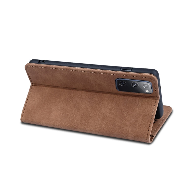 For Samsung Galaxy S20 FE Skin-feel Calfskin Texture Magnetic Dual-Fold Horizontal Flip Leather Case with Holder & Card Slots & Wallet